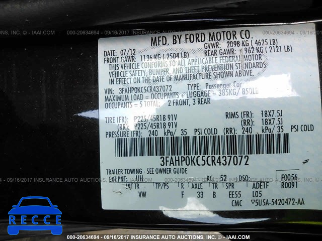 2012 Ford Fusion 3FAHP0KC5CR437072 image 8