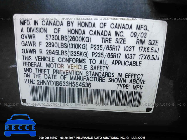 2003 ACURA MDX TOURING 2HNYD18633H554536 image 8