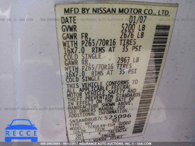 2007 Nissan Xterra OFF ROAD/S/SE 5N1AN08U87C525096 зображення 8