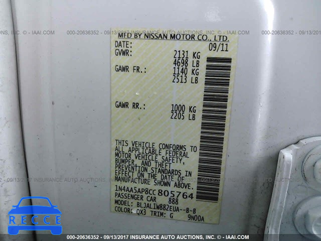 2012 Nissan Maxima S/SV 1N4AA5AP8CC805764 image 8