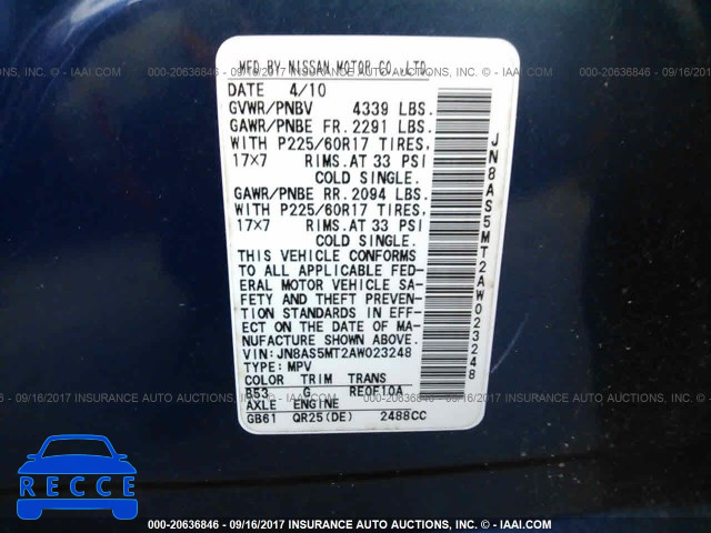 2010 Nissan Rogue JN8AS5MT2AW023248 Bild 8