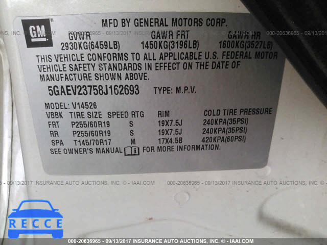 2008 Buick Enclave 5GAEV23758J162693 image 8