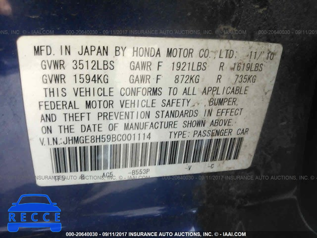 2011 Honda FIT SPORT JHMGE8H59BC001114 image 8