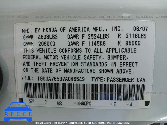 2007 Acura TL 19UUA76537A046549 Bild 8