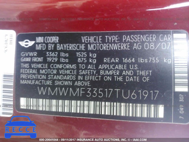 2007 Mini Cooper WMWMF33517TU61917 image 8