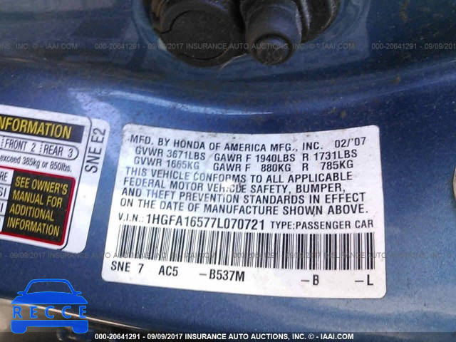 2007 Honda Civic 1HGFA16577L070721 image 8