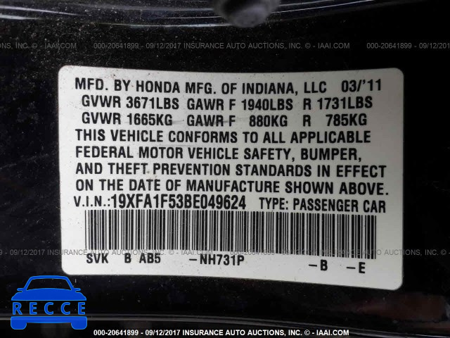 2011 Honda Civic 19XFA1F53BE049624 image 8