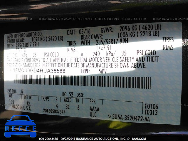 2017 FORD ESCAPE 1FMCU0GD4HUA38566 image 8