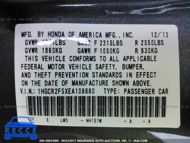 2014 Honda Accord 1HGCR2F5XEA108680 зображення 8
