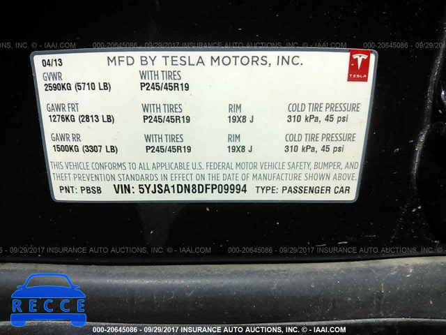 2013 TESLA MODEL S 5YJSA1DN8DFP09994 зображення 8