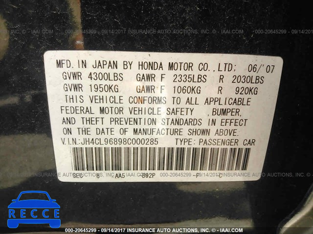 2008 Acura TSX JH4CL96898C000285 зображення 8