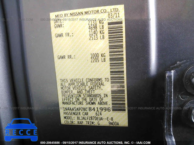 2011 Nissan Maxima S/SV 1N4AA5AP2BC841996 image 8