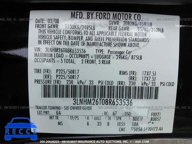 2008 Lincoln MKZ 3LNHM26T08R653536 Bild 8