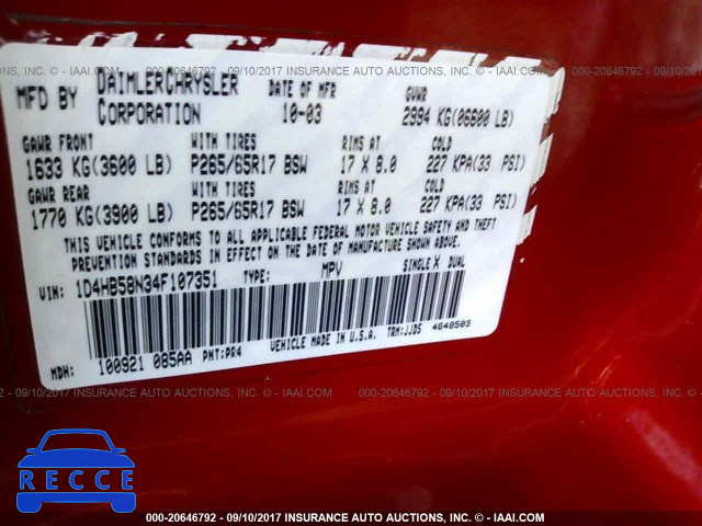 2004 Dodge Durango LIMITED 1D4HB58N34F107351 image 8