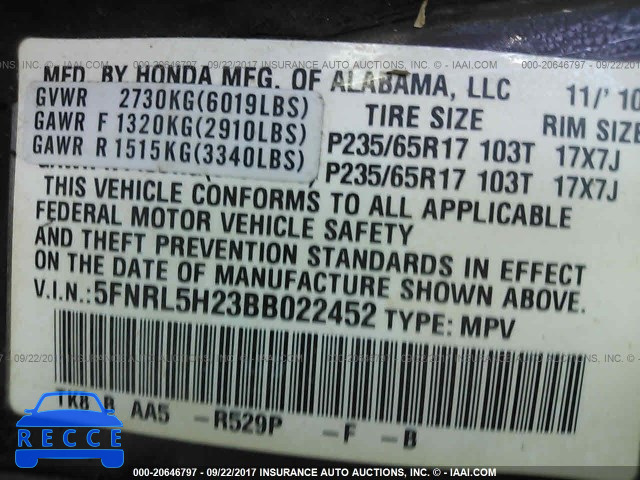 2011 Honda Odyssey LX 5FNRL5H23BB022452 image 8