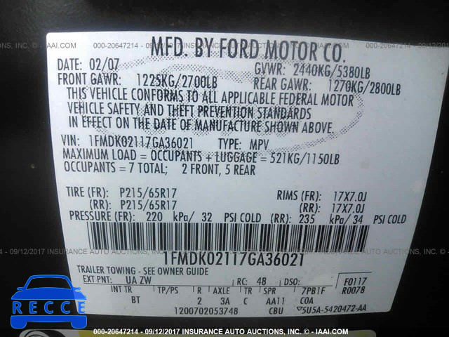 2007 Ford Freestyle 1FMDK02117GA36021 зображення 8