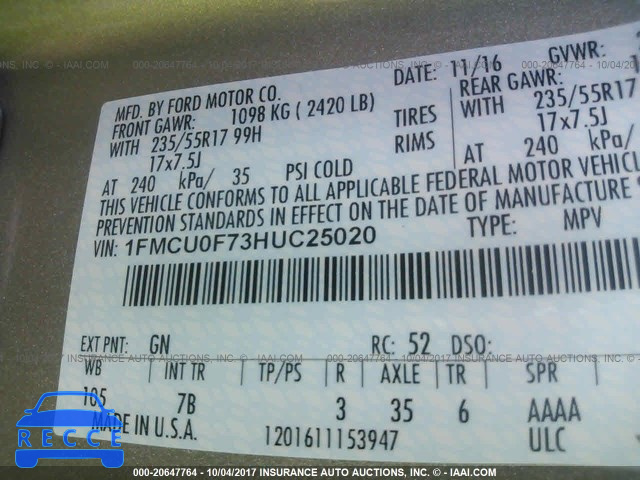 2017 FORD ESCAPE 1FMCU0F73HUC25020 Bild 8