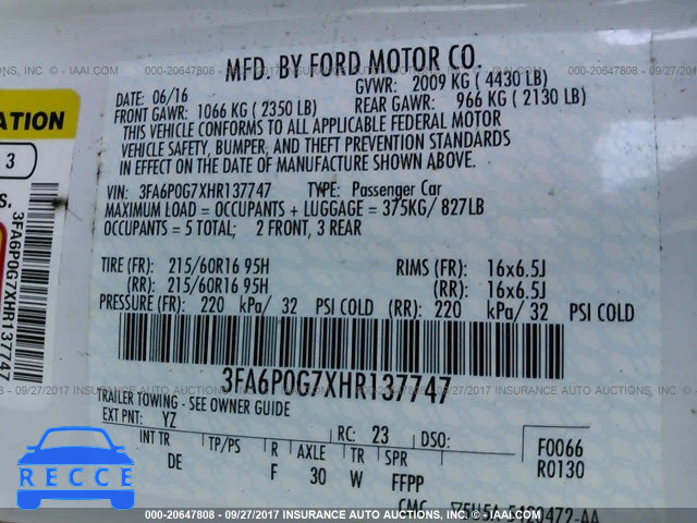 2017 FORD FUSION 3FA6P0G7XHR137747 Bild 8