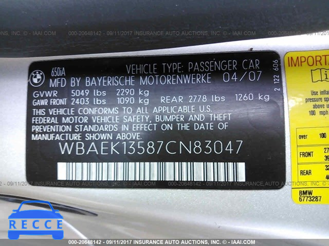 2007 BMW 650 I WBAEK13587CN83047 зображення 8