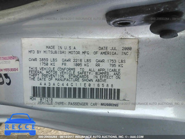 2001 Mitsubishi Eclipse 4A3AC44G11E016588 зображення 8