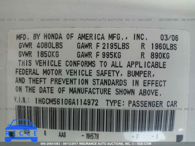2006 Honda Accord 1HGCM56106A114972 зображення 8
