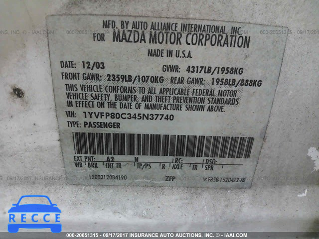 2004 Mazda 6 I 1YVFP80C345N37740 image 8