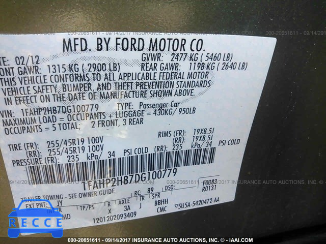 2013 Ford Taurus SEL 1FAHP2H87DG100779 зображення 8