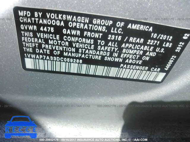 2013 Volkswagen Passat 1VWAP7A33DC059286 зображення 8