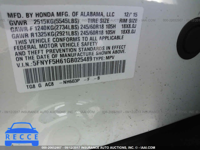 2016 Honda Pilot EXL 5FNYF5H61GB025489 image 8