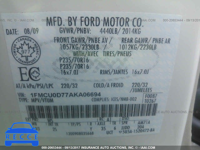 2010 Ford Escape 1FMCU0D77AKA06694 зображення 8