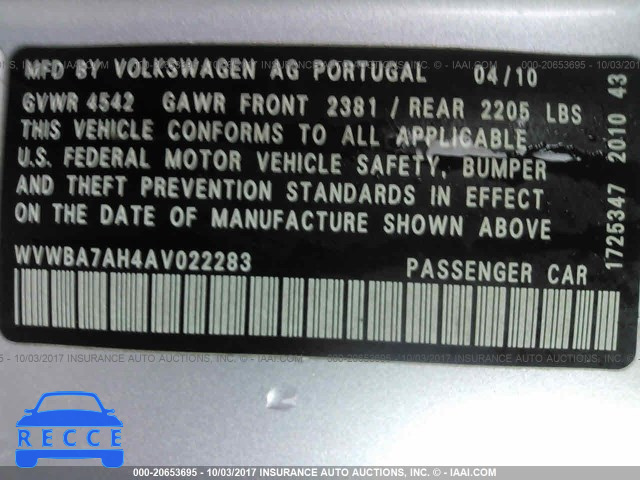 2010 Volkswagen EOS TURBO/KOMFORT WVWBA7AH4AV022283 image 8