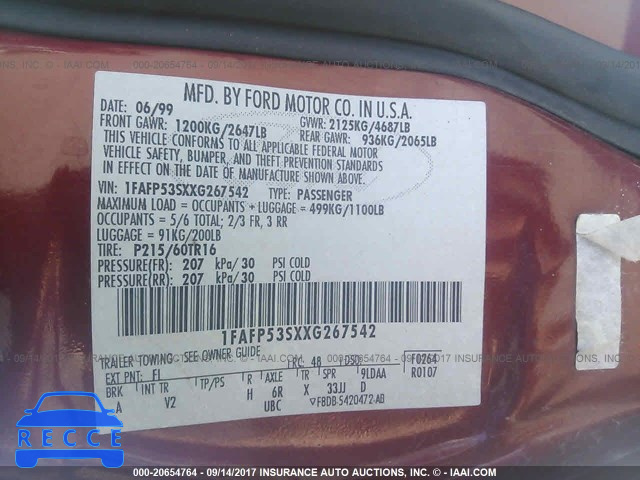 1999 Ford Taurus 1FAFP53SXXG267542 зображення 8