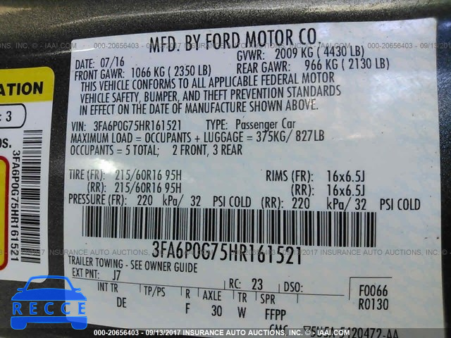 2017 FORD FUSION 3FA6P0G75HR161521 зображення 8