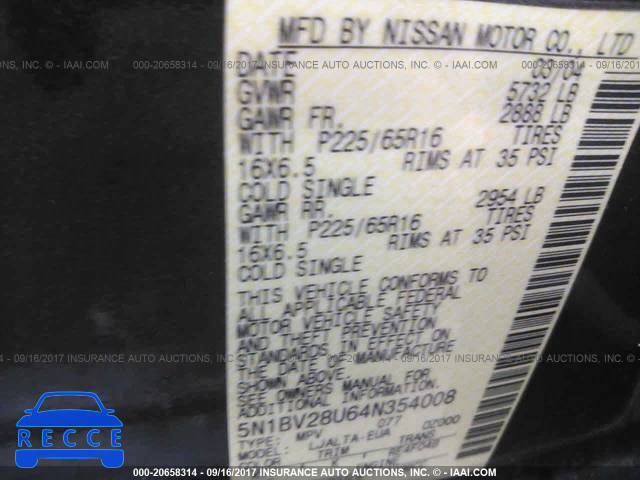 2004 Nissan Quest S/SE/SL 5N1BV28U64N354008 image 8