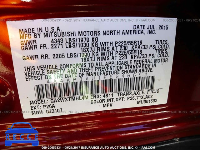 2015 Mitsubishi Outlander Sport 4A4AP3AU1FE046654 image 8