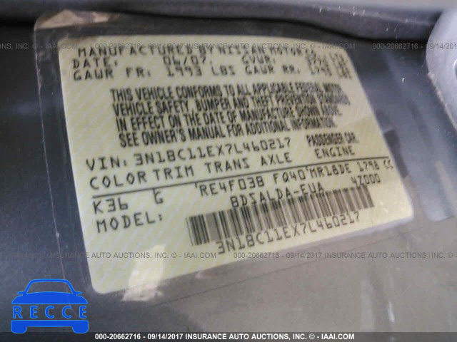 2007 Nissan Versa 3N1BC11EX7L460217 зображення 8