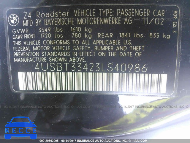 2003 BMW Z4 2.5 4USBT33423LS40986 image 8