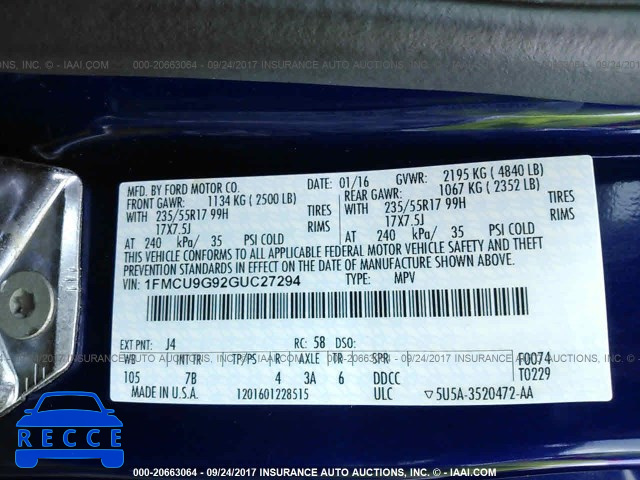2016 Ford Escape SE 1FMCU9G92GUC27294 image 8