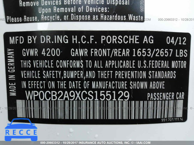 2012 PORSCHE 911 CARRERA S WP0CB2A9XCS155129 image 8