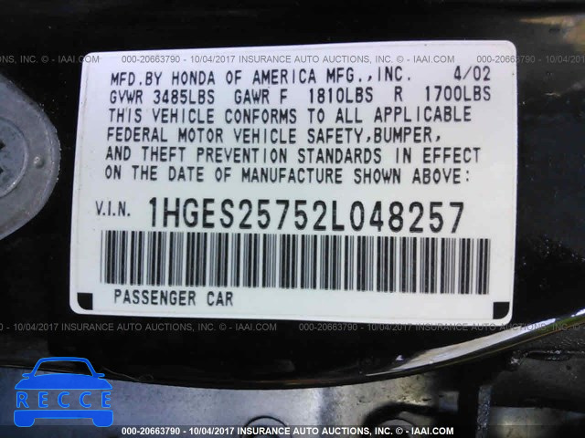 2002 Honda Civic 1HGES25752L048257 image 8