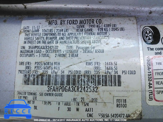 2012 Ford Fusion 3FAHP0GA3CR242532 image 8