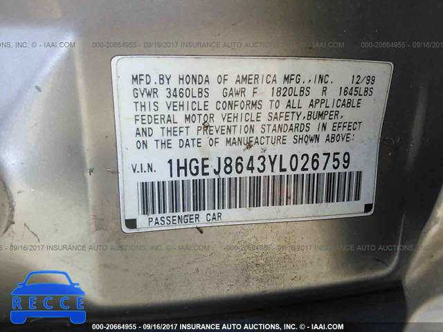 2000 HONDA CIVIC 1HGEJ8643YL026759 image 8