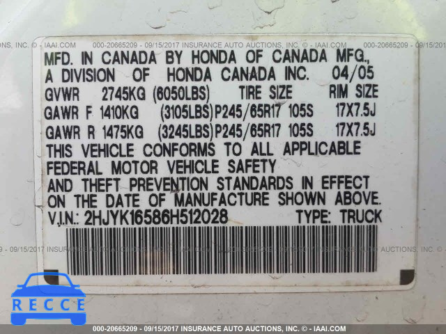 2006 Honda Ridgeline 2HJYK16586H512028 image 8