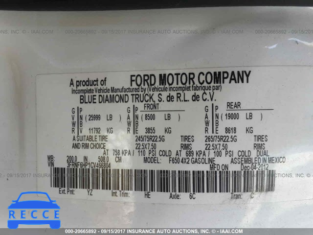 2012 FORD F650 SUPER DUTY 3FRNF6HP1CV466804 зображення 9