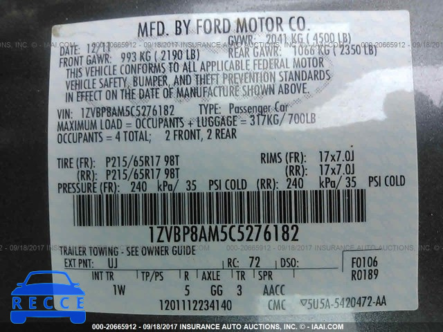 2012 Ford Mustang 1ZVBP8AM5C5276182 зображення 8