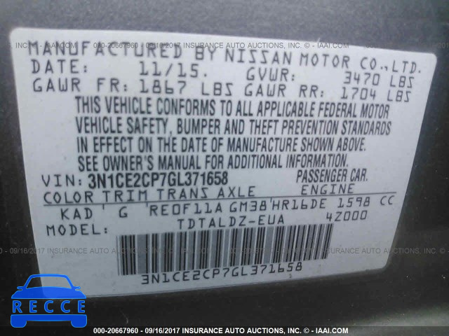 2016 Nissan Versa Note S/S PLUS/SV/SL/SR 3N1CE2CP7GL371658 зображення 8