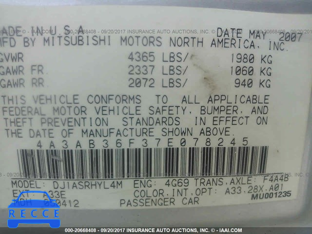 2007 Mitsubishi Galant ES 4A3AB36F37E078245 image 8