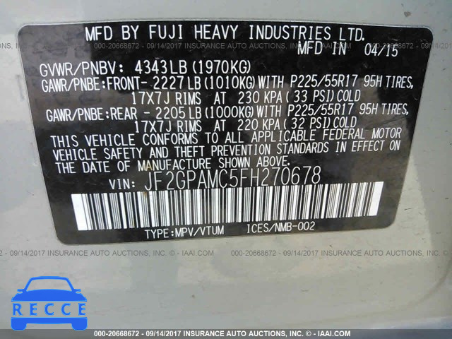 2015 SUBARU XV CROSSTREK 2.0 LIMITED JF2GPAMC5FH270678 image 8