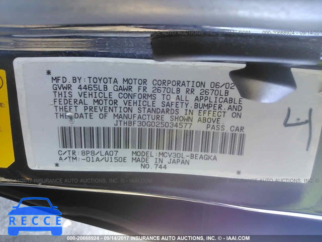 2002 Lexus ES JTHBF30G025034577 image 8