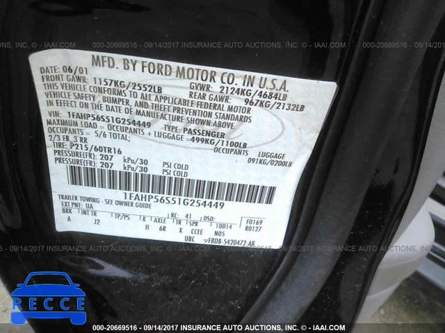 2001 Ford Taurus 1FAHP56S51G254449 image 8